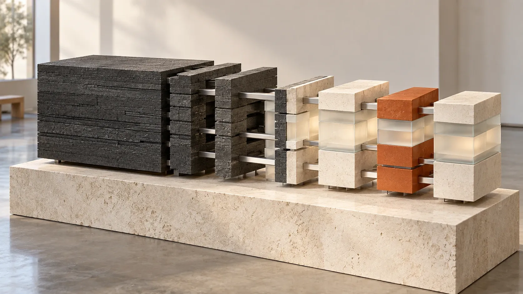 A solid dark structure opens into connected, replaceable modules on a shared foundation.