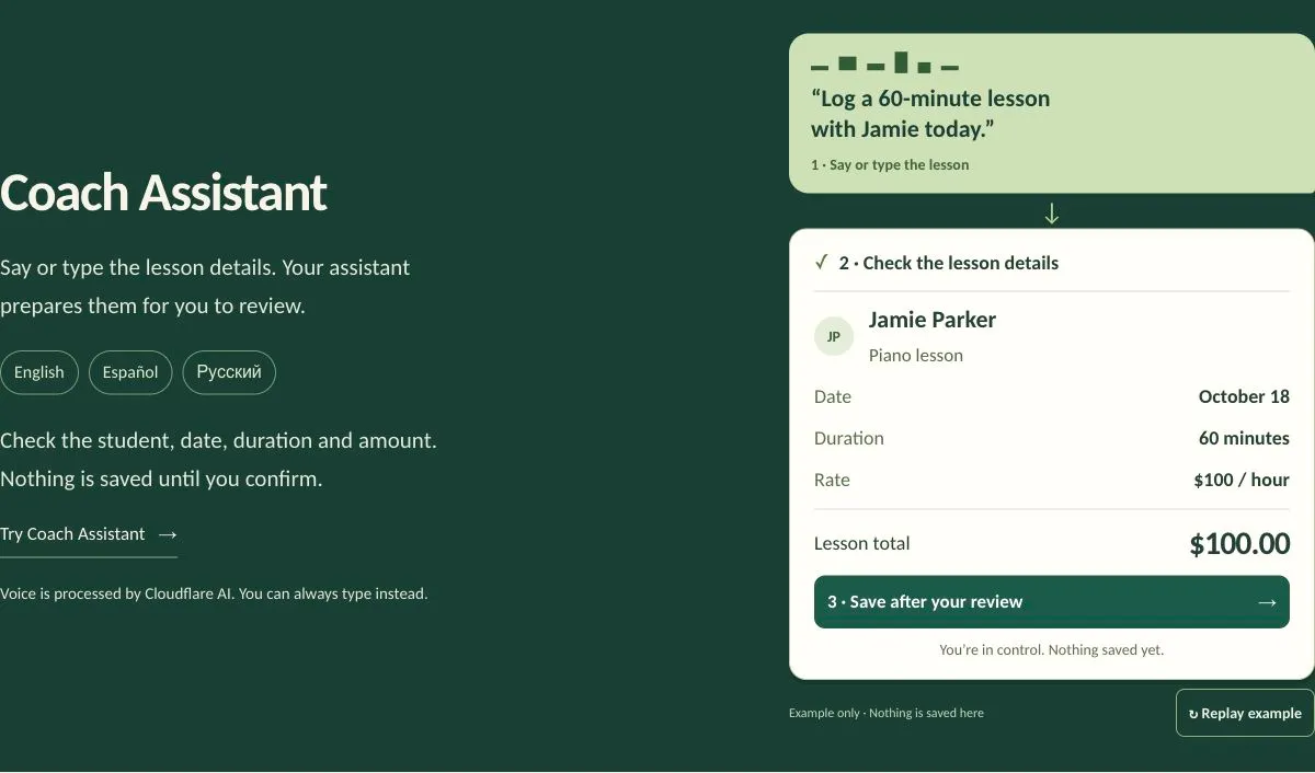 Coach Assistant example on the LessonFlow website, showing the review-before-save lesson workflow