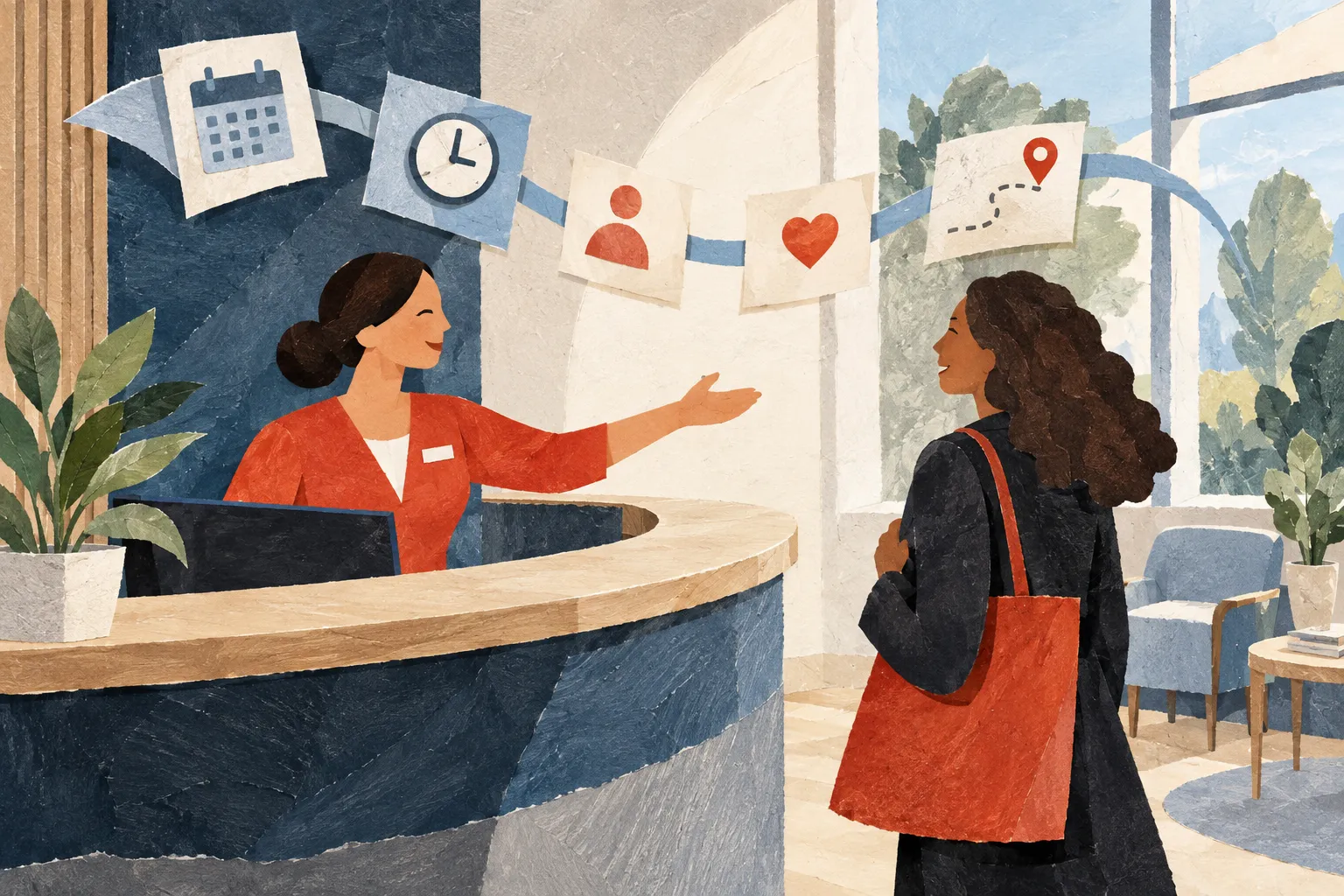 Editorial illustration of a receptionist welcoming a visitor to a clinic.