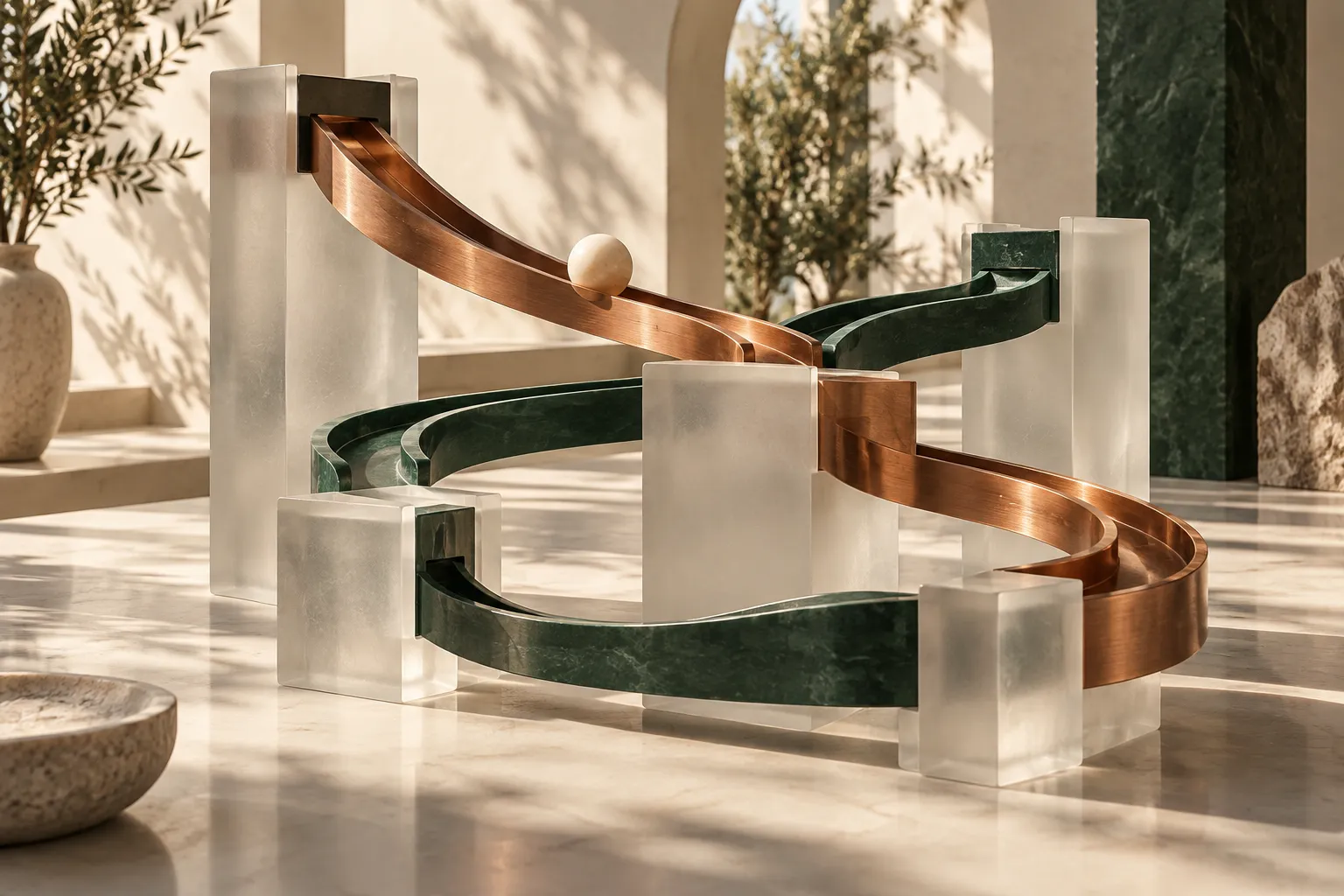 Editorial sculpture: connected copper and green tracks carry a sphere between translucent blocks