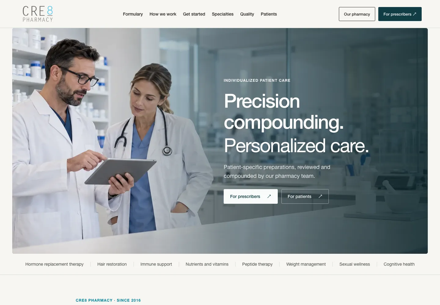 CRE8 Pharmacy desktop homepage design