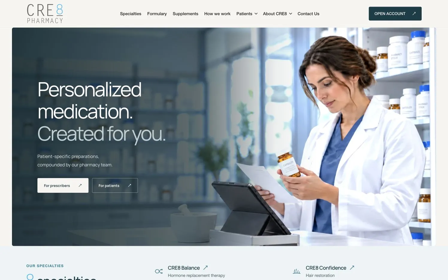 CRE8 Pharmacy: desktop homepage