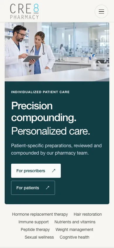 CRE8 Pharmacy mobile homepage design