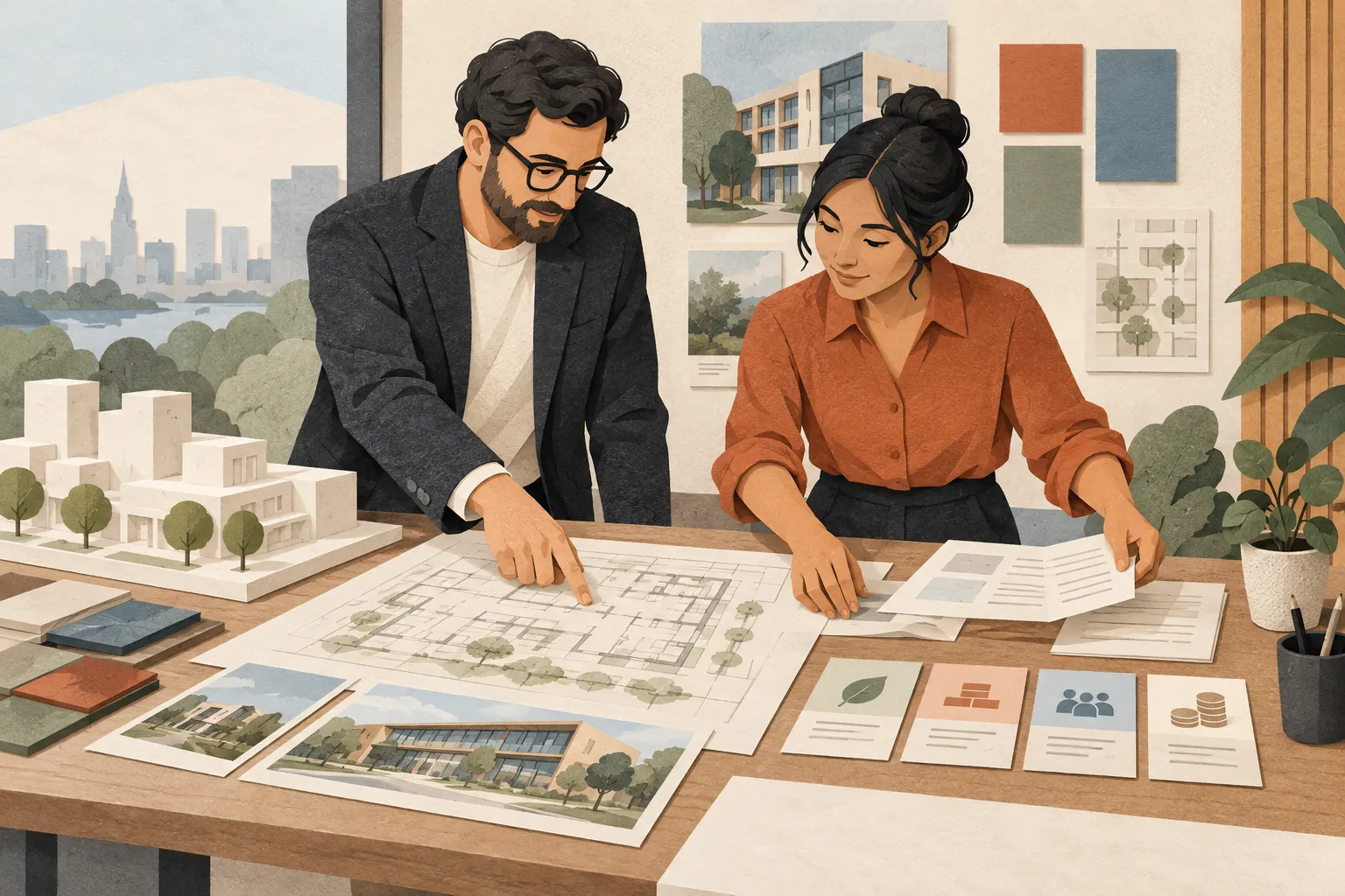 Paper collage of colleagues organizing documents around a shared worktable.