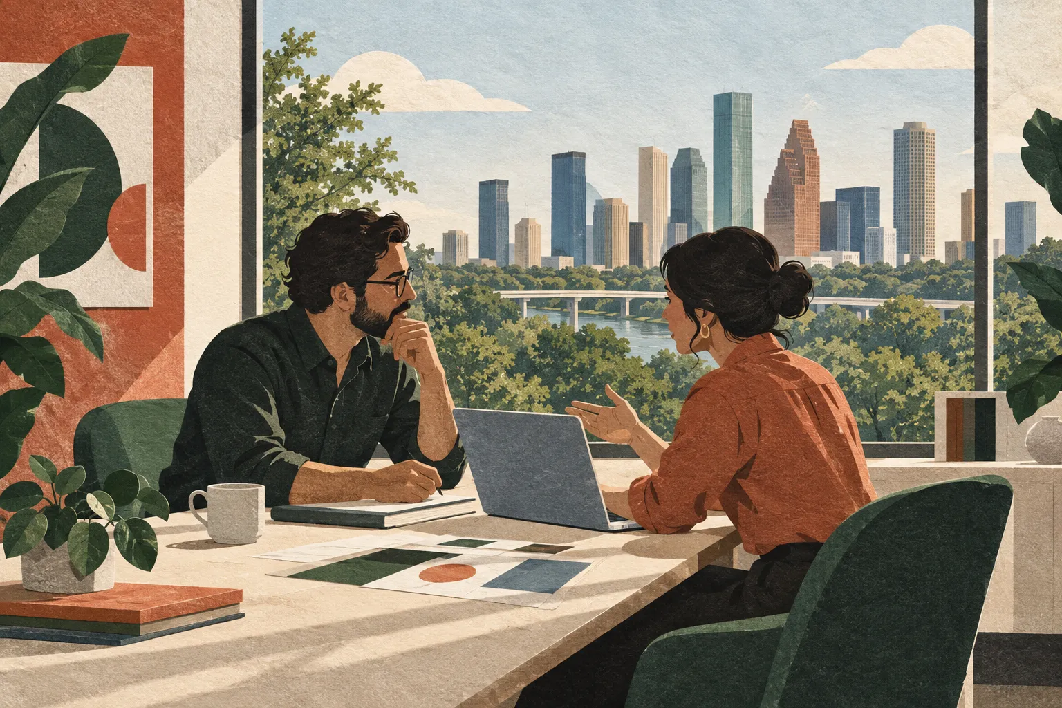 Editorial illustration of colleagues collaborating with a Houston-inspired city backdrop.