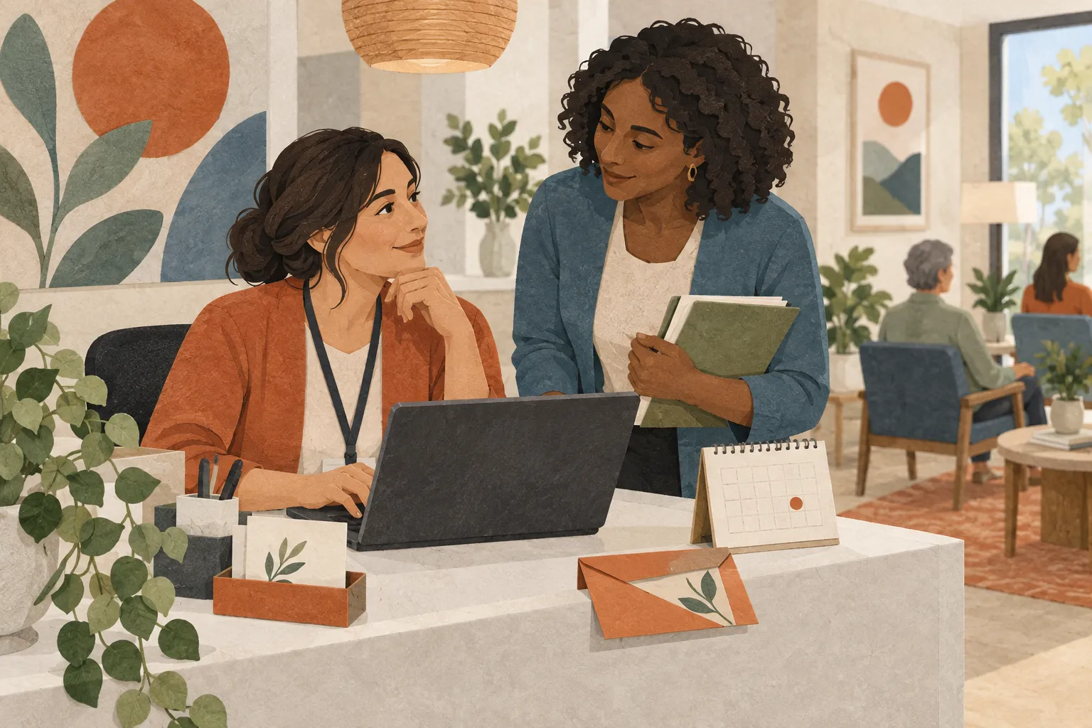 Editorial illustration of two clinic colleagues coordinating appointment follow-up.