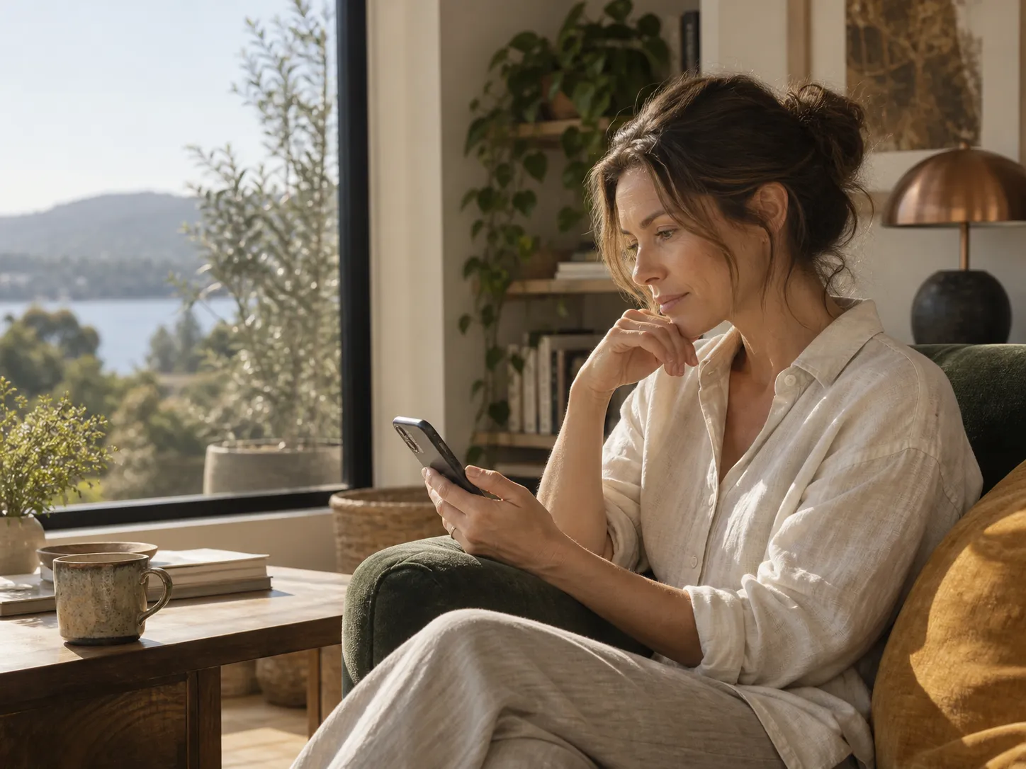 Editorial illustration of a woman considering care options on her phone at home