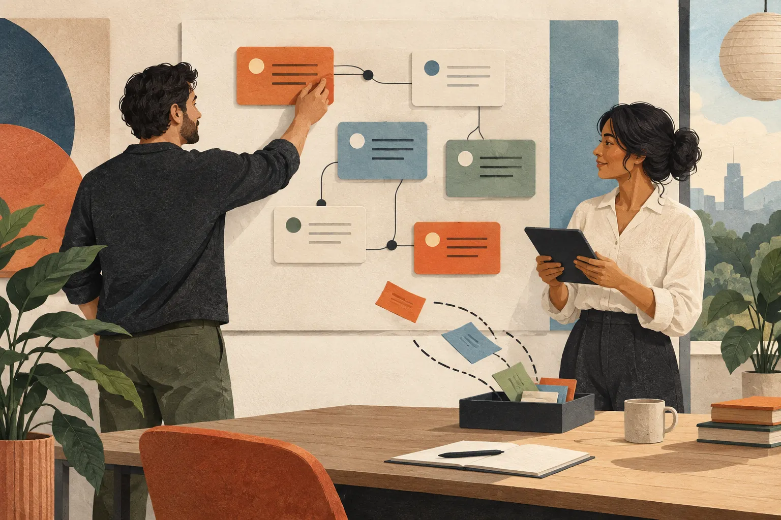 Paper collage of two colleagues coordinating task cards on a shared board.