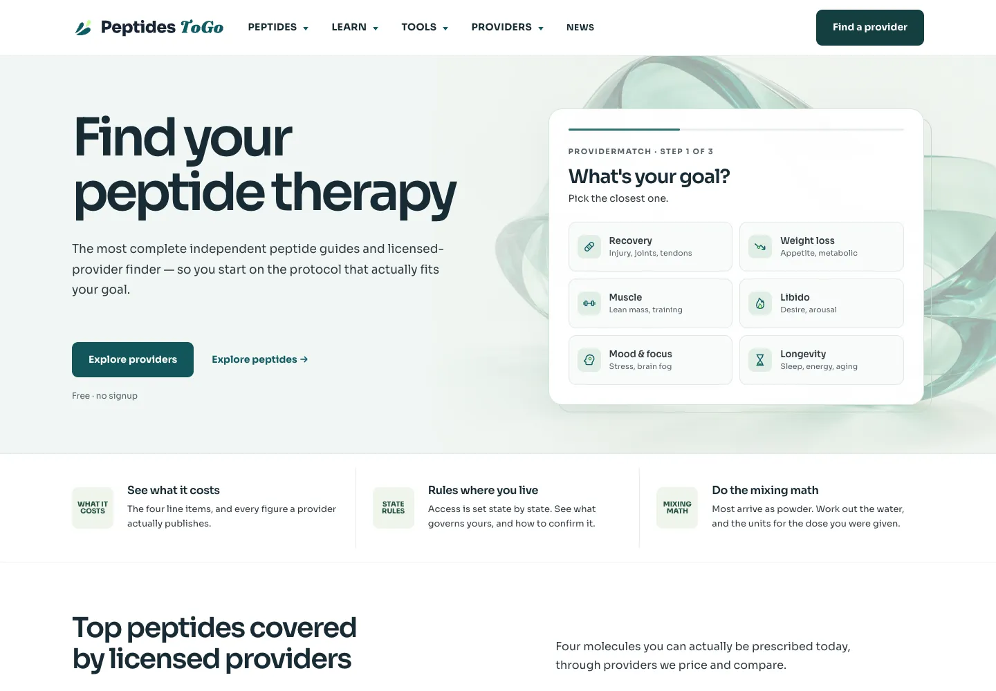 PeptidesToGo homepage with provider selection and educational content