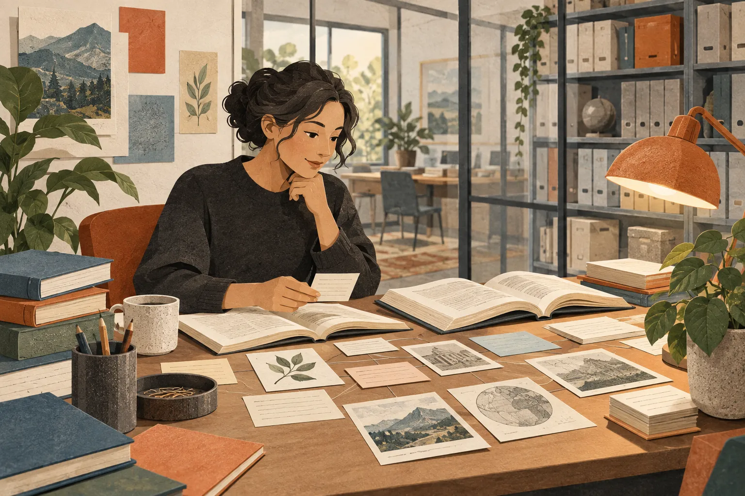 Paper collage of a researcher working with books and reference cards in a quiet library.