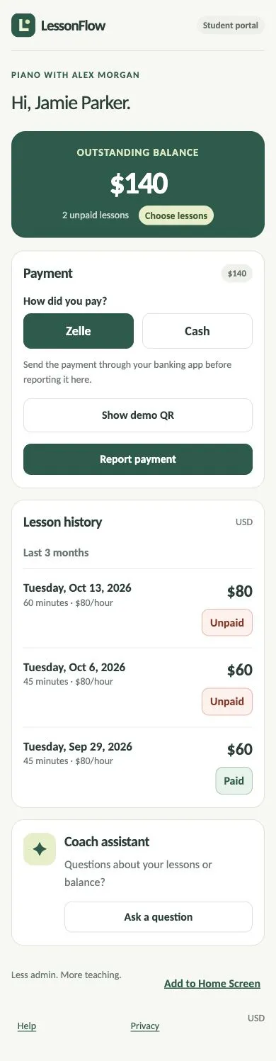 LessonFlow student portal in the shared demo, with lesson history, balance and payment reporting