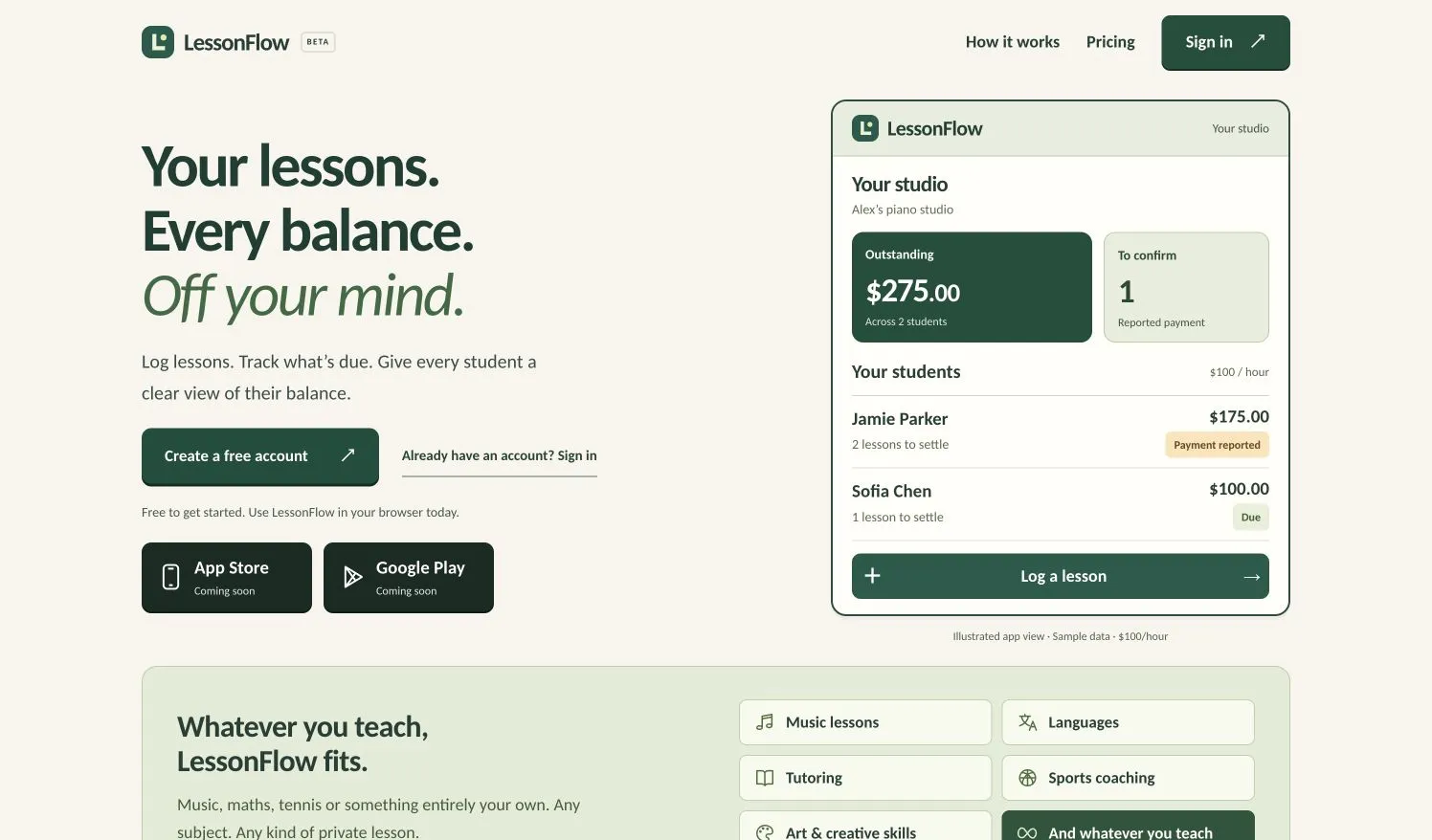 Published LessonFlow homepage with an illustrated instructor dashboard using sample data