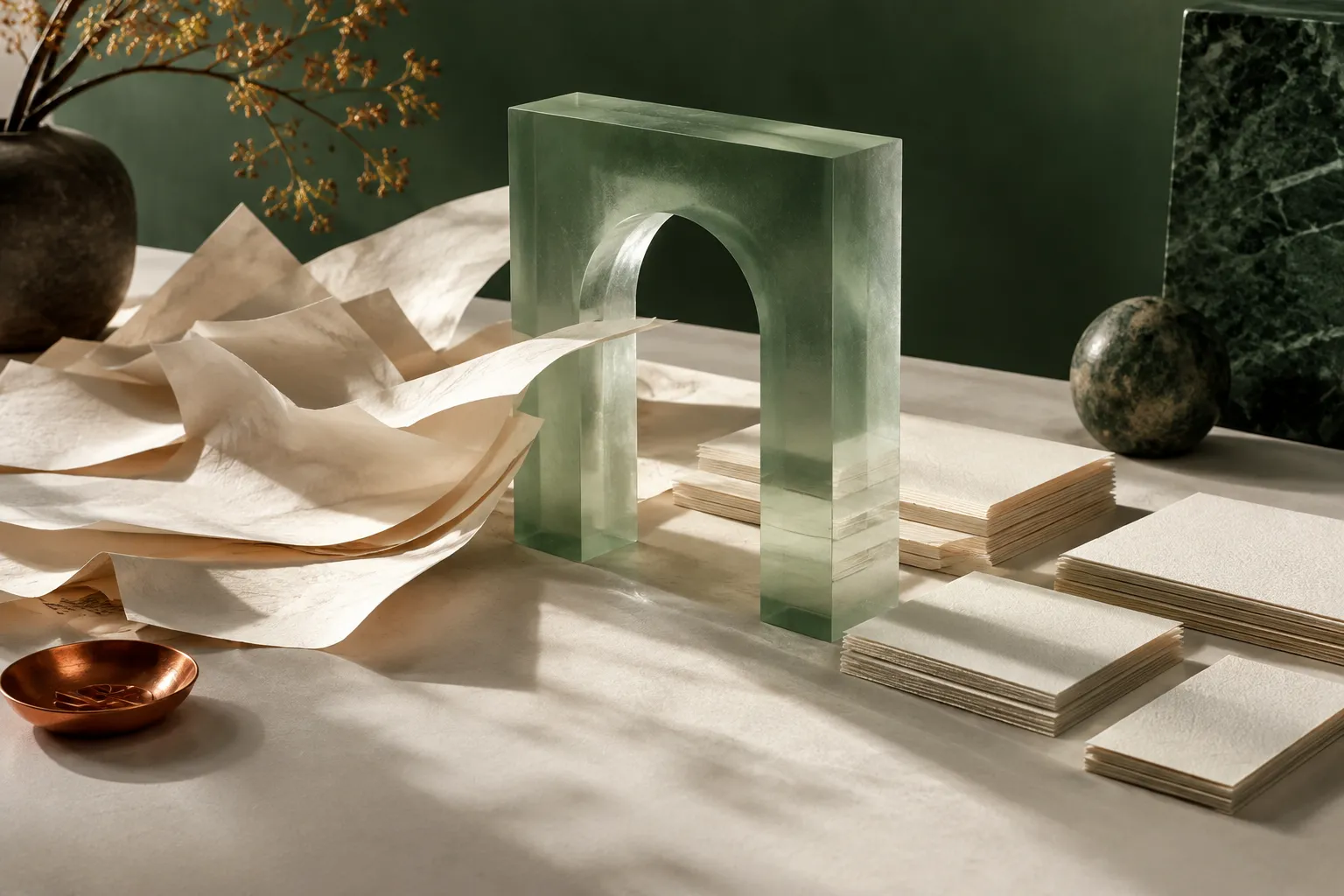 Editorial illustration: loose paper becomes ordered layers around a translucent green glass form