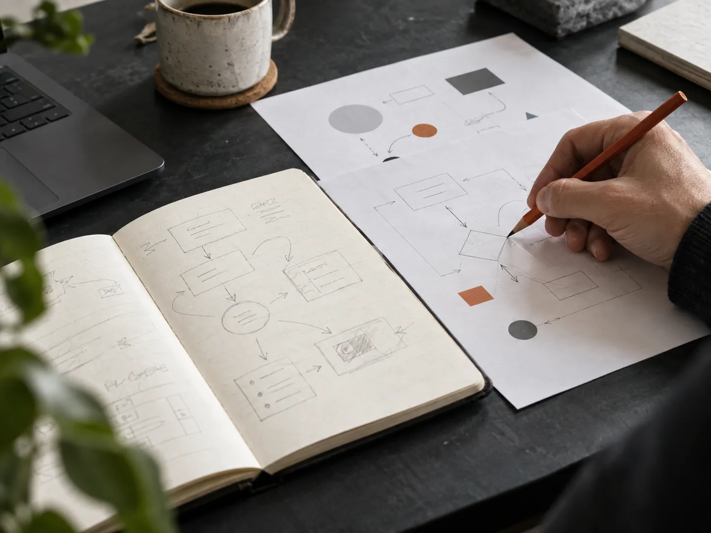 An illustrative working session: a hand sketches a workflow beside an open notebook.